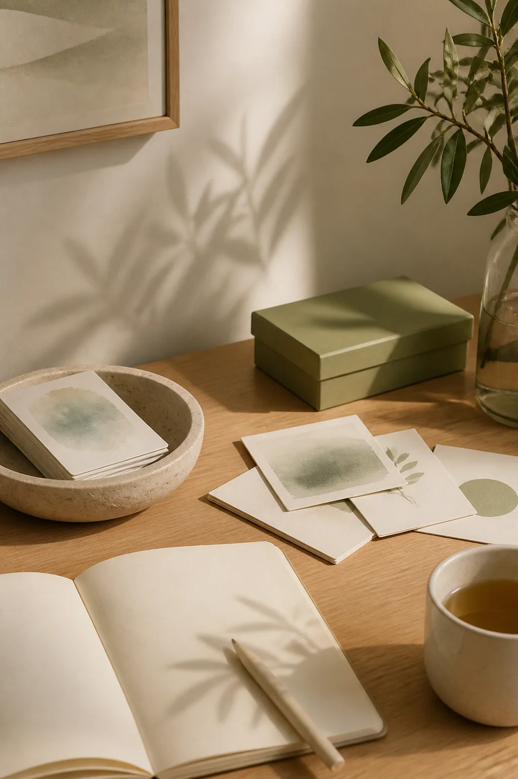 Therapy materials arranged on a timber table with soft natural light